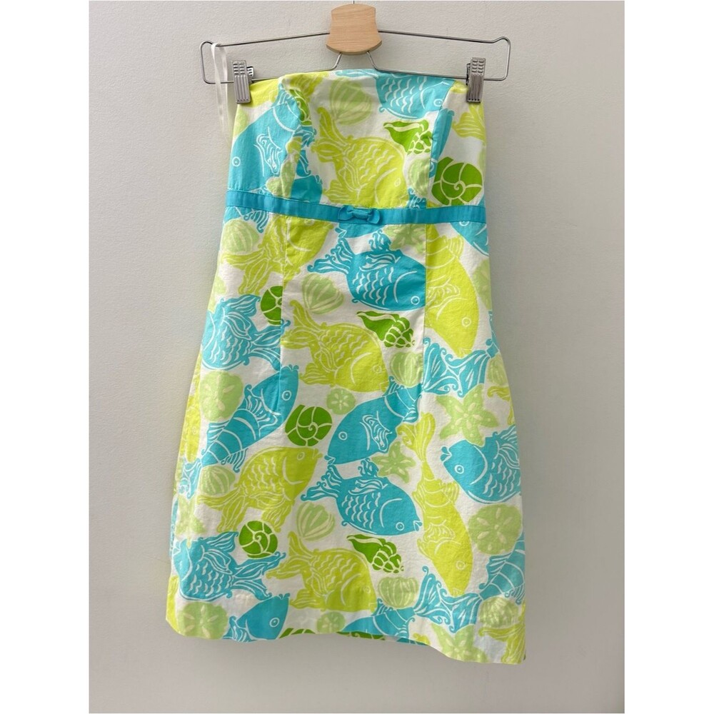 Vintage Lilly Pulitzer Fish Print Clearwater Green Blue Dress Strapless 6 - Picture 5 of 5